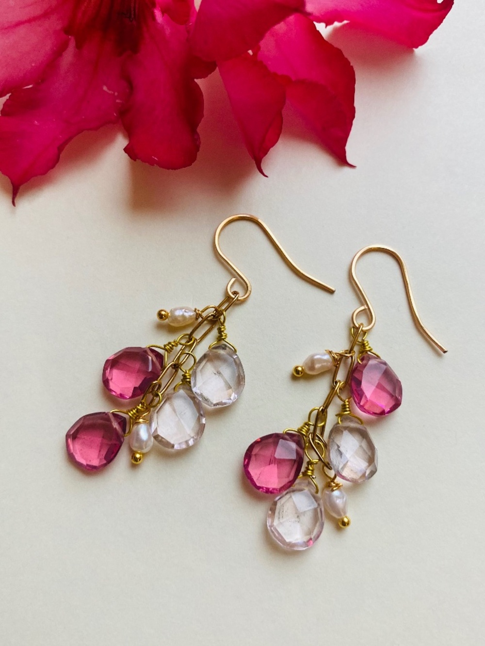Handmade Dangle Earrings with Pink Sapphire Quartz & Freshwater Pearl